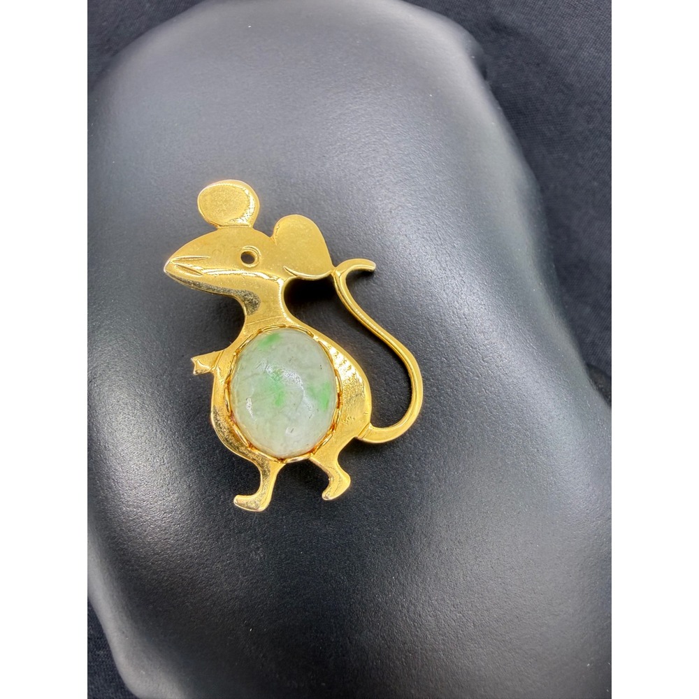 Vintage Gold Tone Tiny Cute Mouse Brooch Faux Green Stone Brooch P n